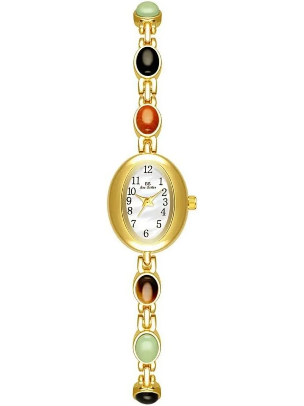 Elegant Vintage Gold Women's Watch with Jade Crystal, Dainty Silver Bracelet
